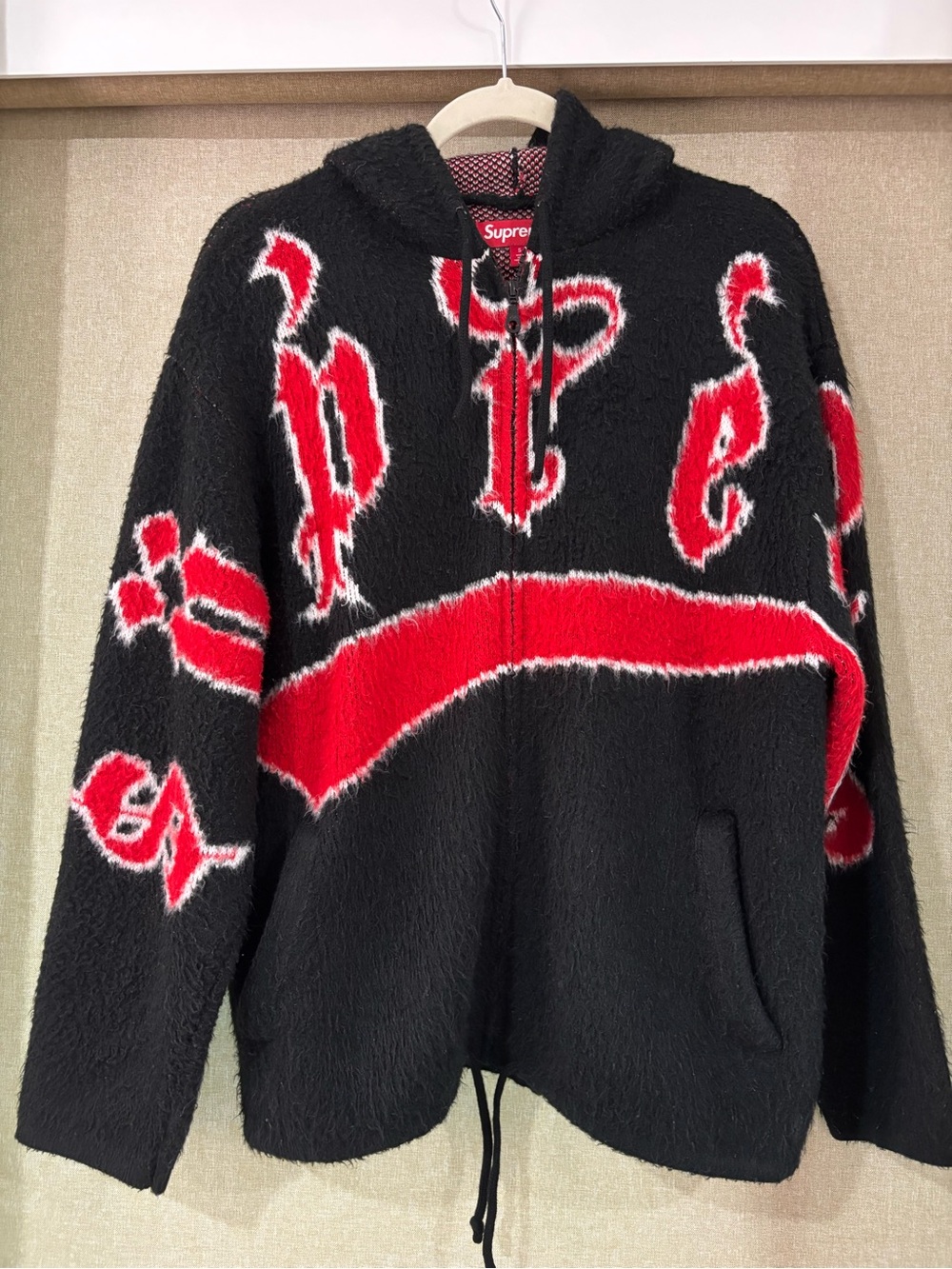 Supreme Black & Red Hooded Fuzzy Zip-Up Sweater